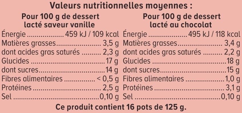 U Crème dessert, pack panaché chocolat, vanille -16x125g packshot