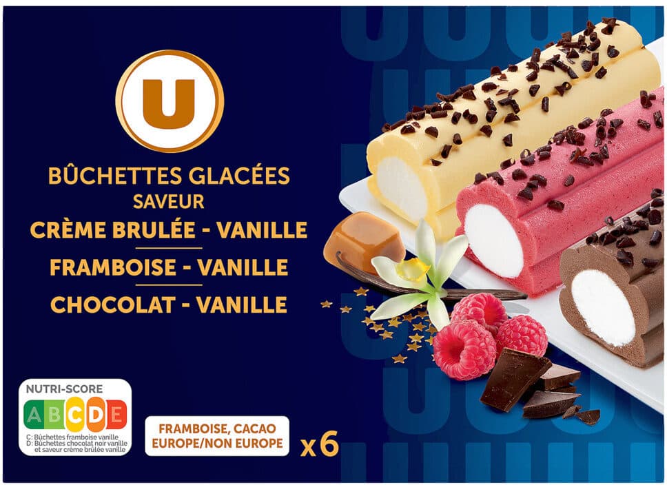 U Bûchettes glacées vanille-chocolat, vanille-framboise et vanille crèmebrûlée, 6 pièces, 323g packshot