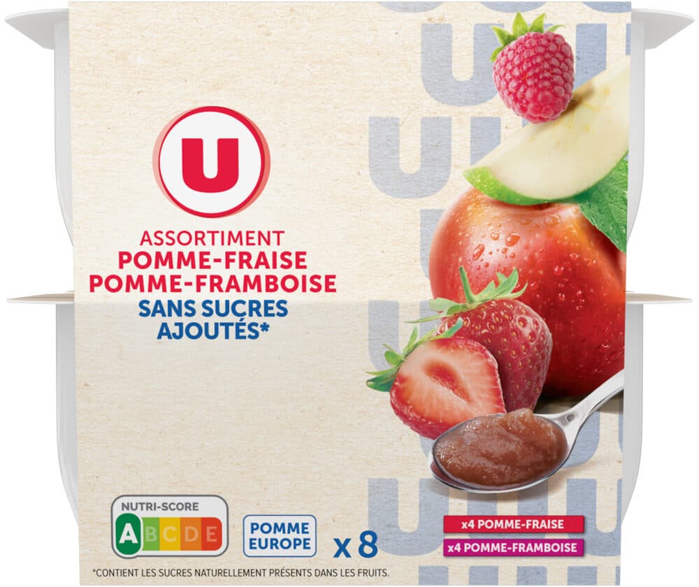U Dessert fruitier de pommes, fraises et pommes, framboises sans sucresajoutés 8 pots de 100g packshot