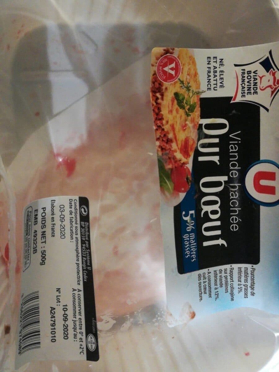 U Viande hachée pur boeuf, 5% Matière Grasse, France, 500g packshot