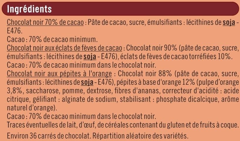 U Chocolat mignonettes dégustation 3 variétés noir 70%, noir fève et noir à l'orange 36 carrés - 180g packshot