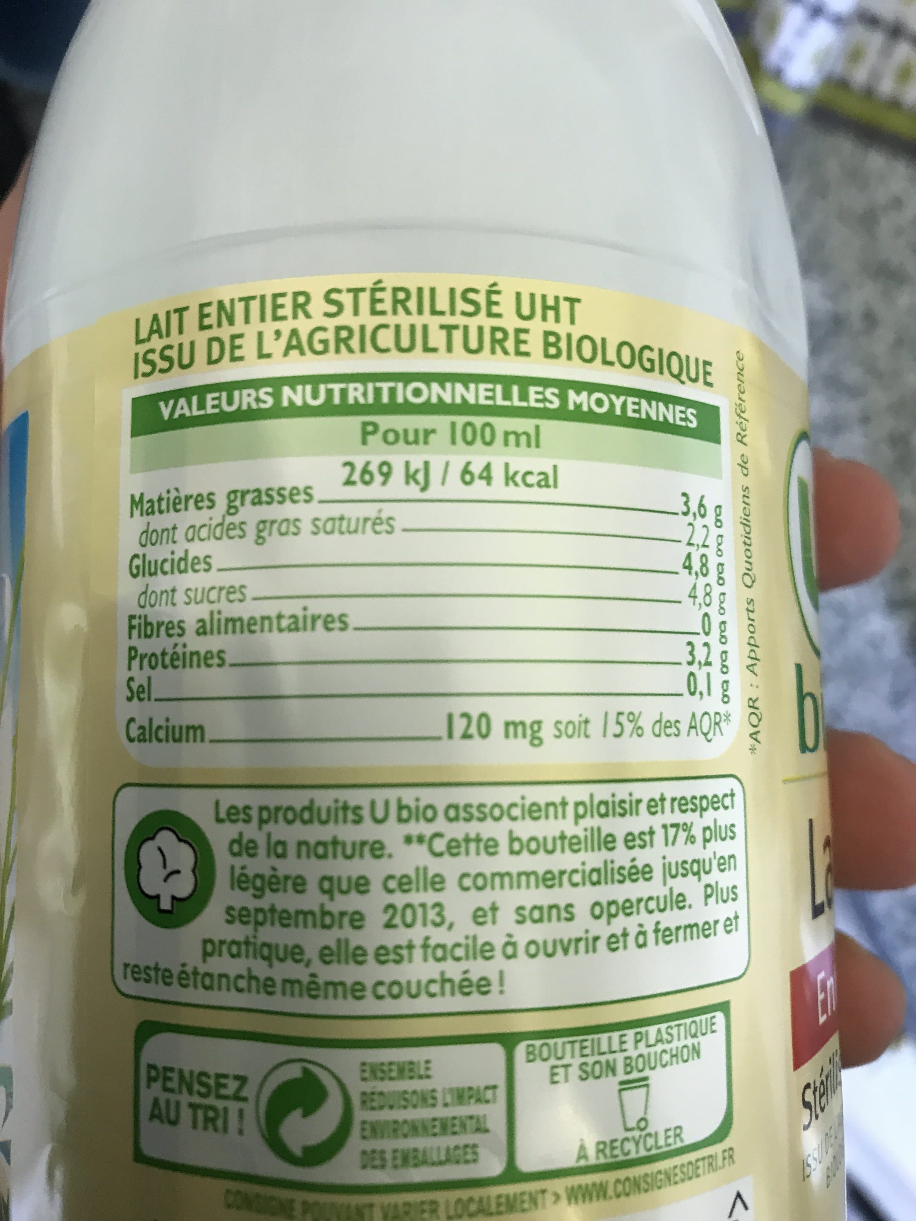 U Lait UHT biologique entier Bouteille 6x1L packshot