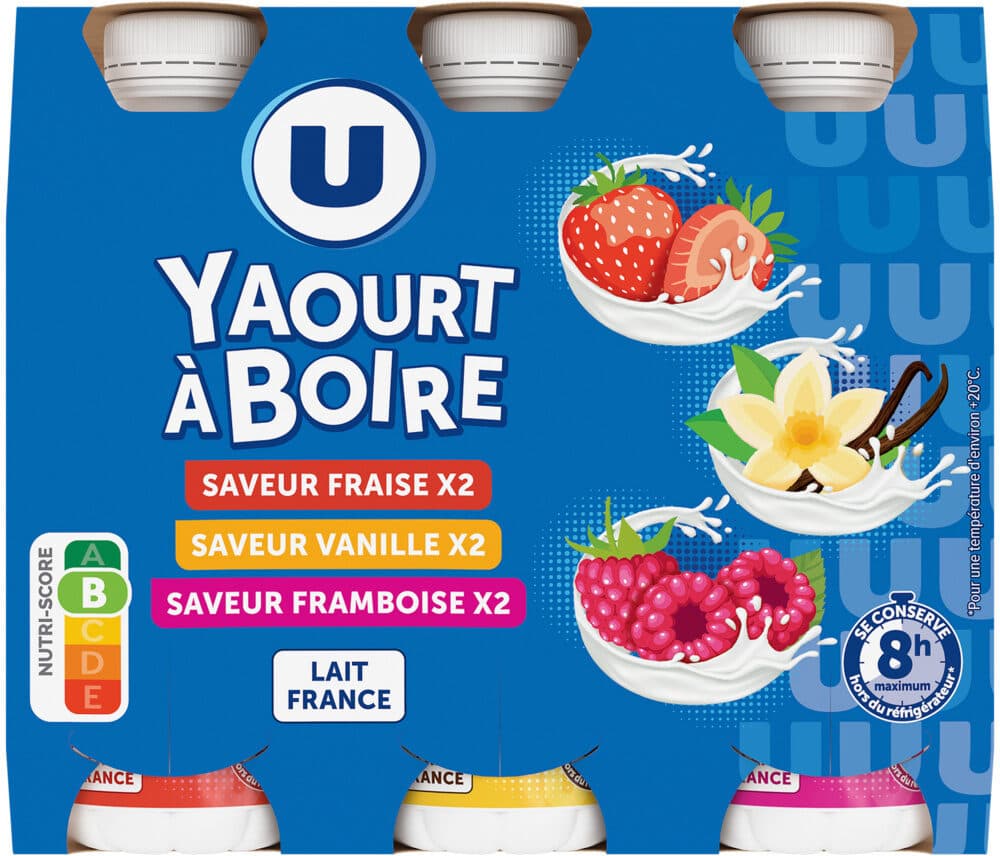 U Yaourts à boire 3 parfums fraise vanille framboise 6x180g packshot