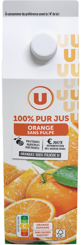 U Pur jus orange sans pulpe, brique 2L packshot