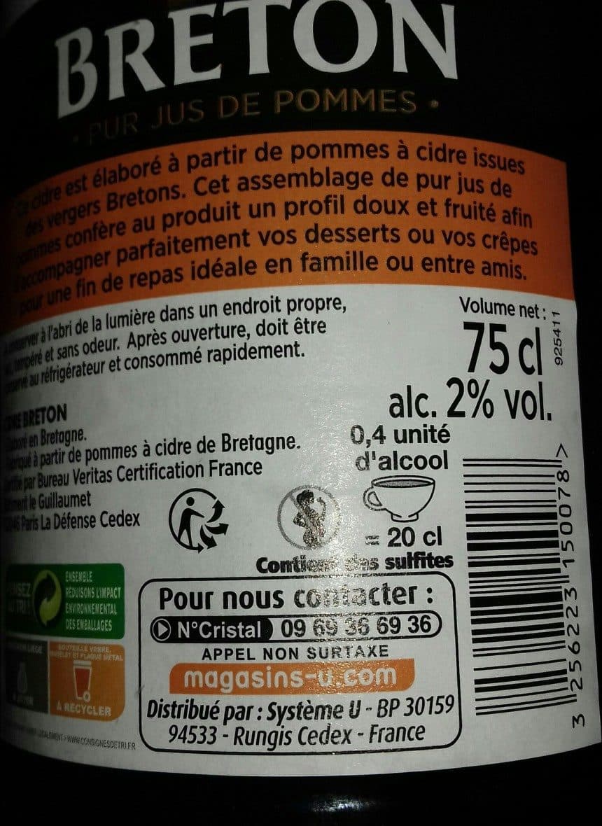 U Cidre doux bouché IGP Bretagne 2°, bouteille de 75cl packshot
