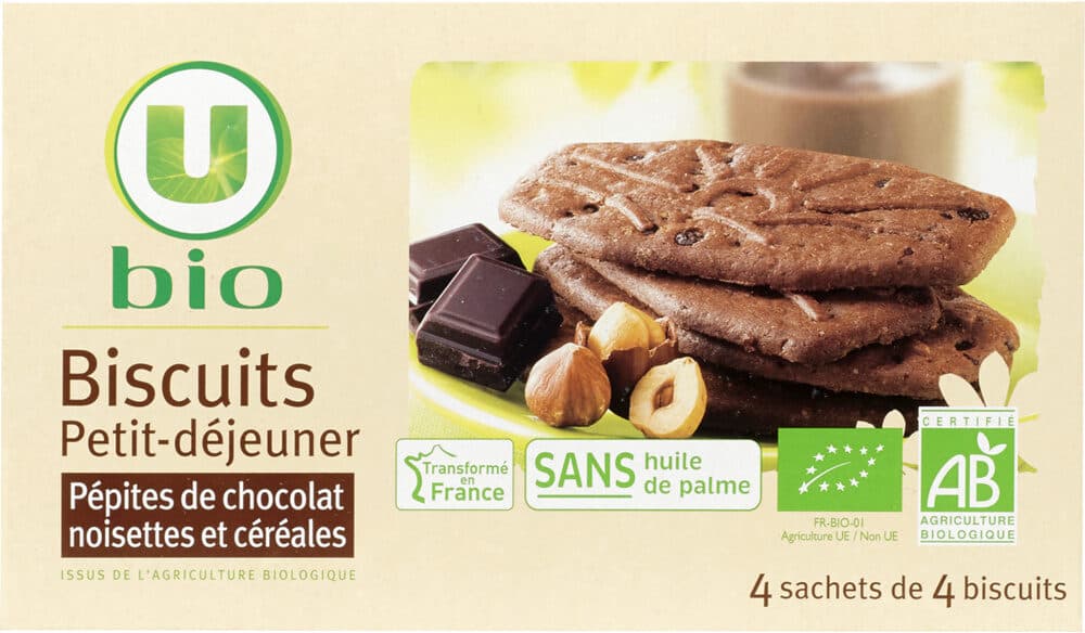 U Biscuits petit déjeuner pépites chocolat et noisettes bio paquet de200g packshot