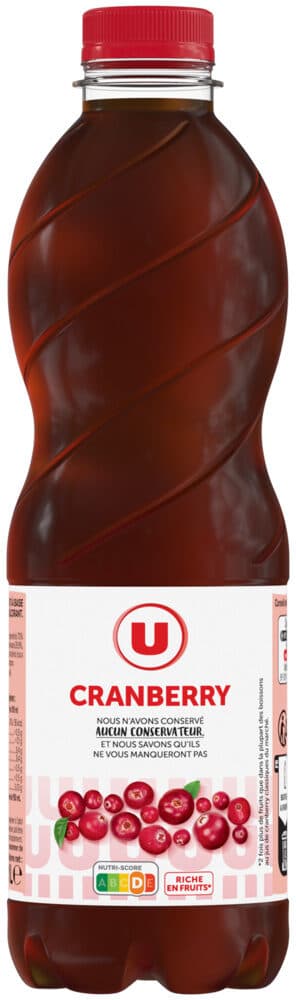 U Boisson au cranberry sans sucres ajoutés bouteille de 1l packshot