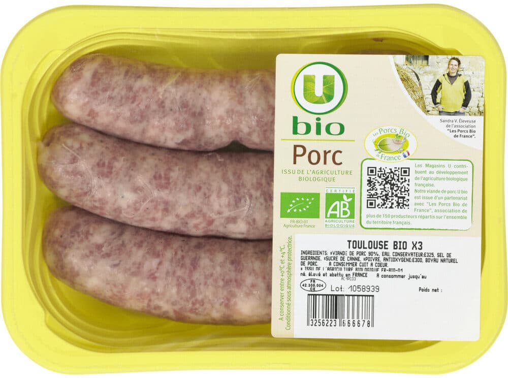 U Saucisse de Toulouse bio, France, 3 pièces, barquette, 300g packshot