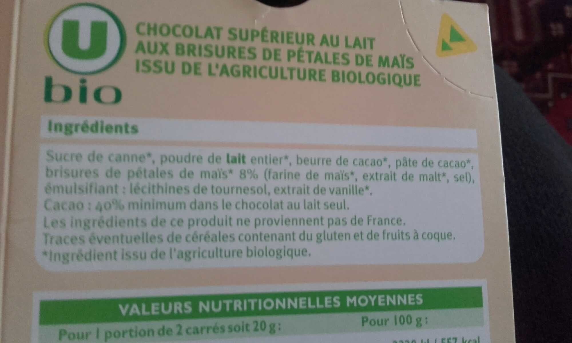 U Chocolat Lait Maïs Bio packshot