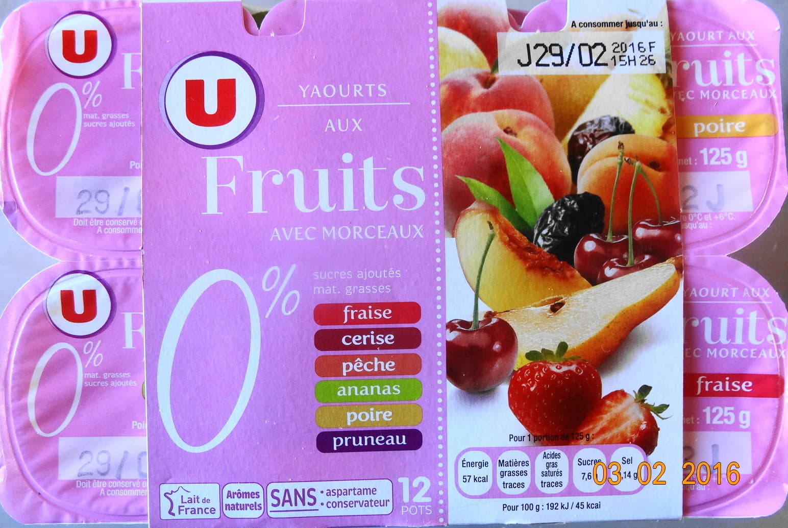 U Yaourts 0% mg, aux fruits avec morceaux, fraise-ceris-pêche-ananas-poire-pruneau packshot