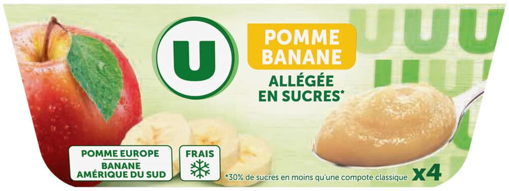 U Dessert fruitier pomme/banane allégé en sucre 4x100g packshot