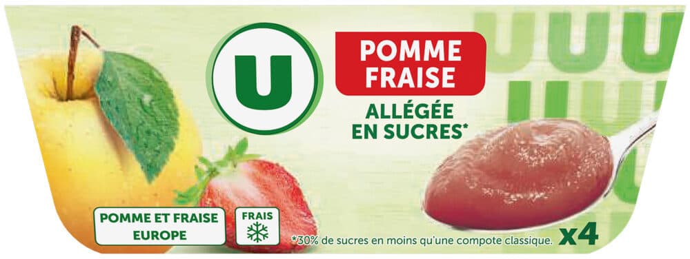 U Dessert fruitier pomme/fraise allégé en sucre 4x100g packshot