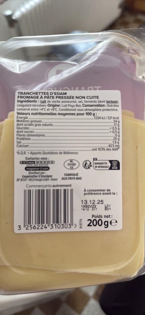 U Edam en tranchettes au lait pasteurisé 24%MG packshot