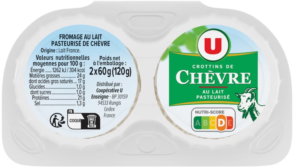 U Crottin de chèvre lait pasteurisé 24%MG, 2X60g packshot