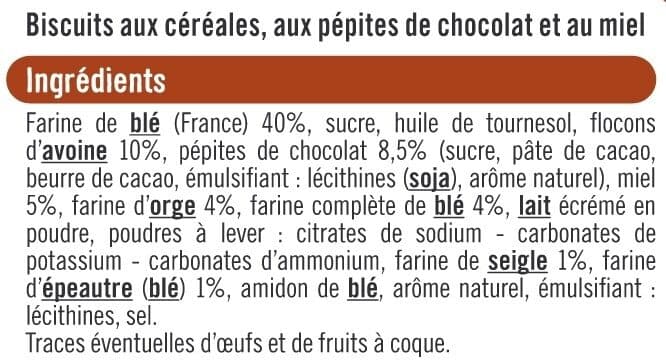 U Biscuits Petit déjeuner miel pépites de chocolat paquet de 400g packshot
