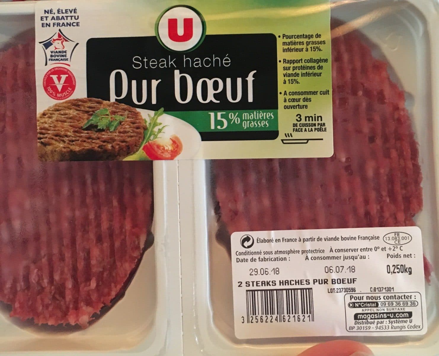 U Steak haché, 15% Matière Grasse, France, VBF packshot