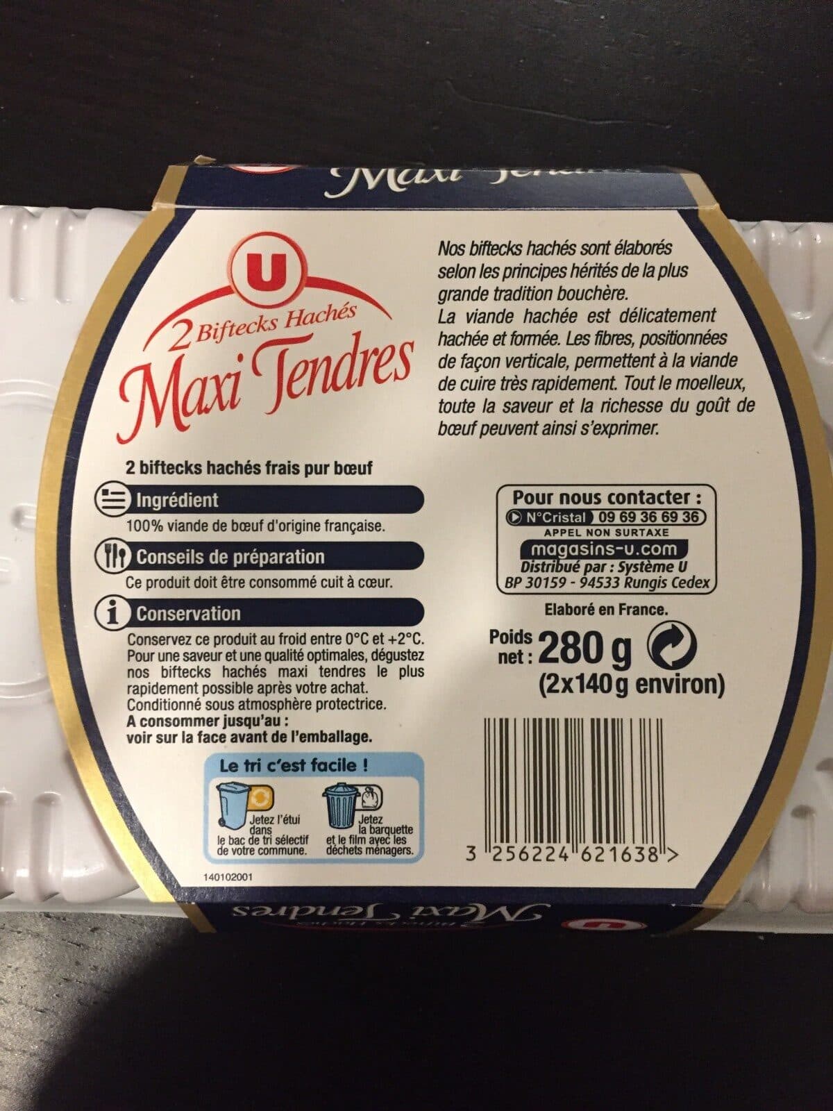 U Steak haché maxi tendre, 12% Matière Grasse, VBF, 2 pièces -280g packshot