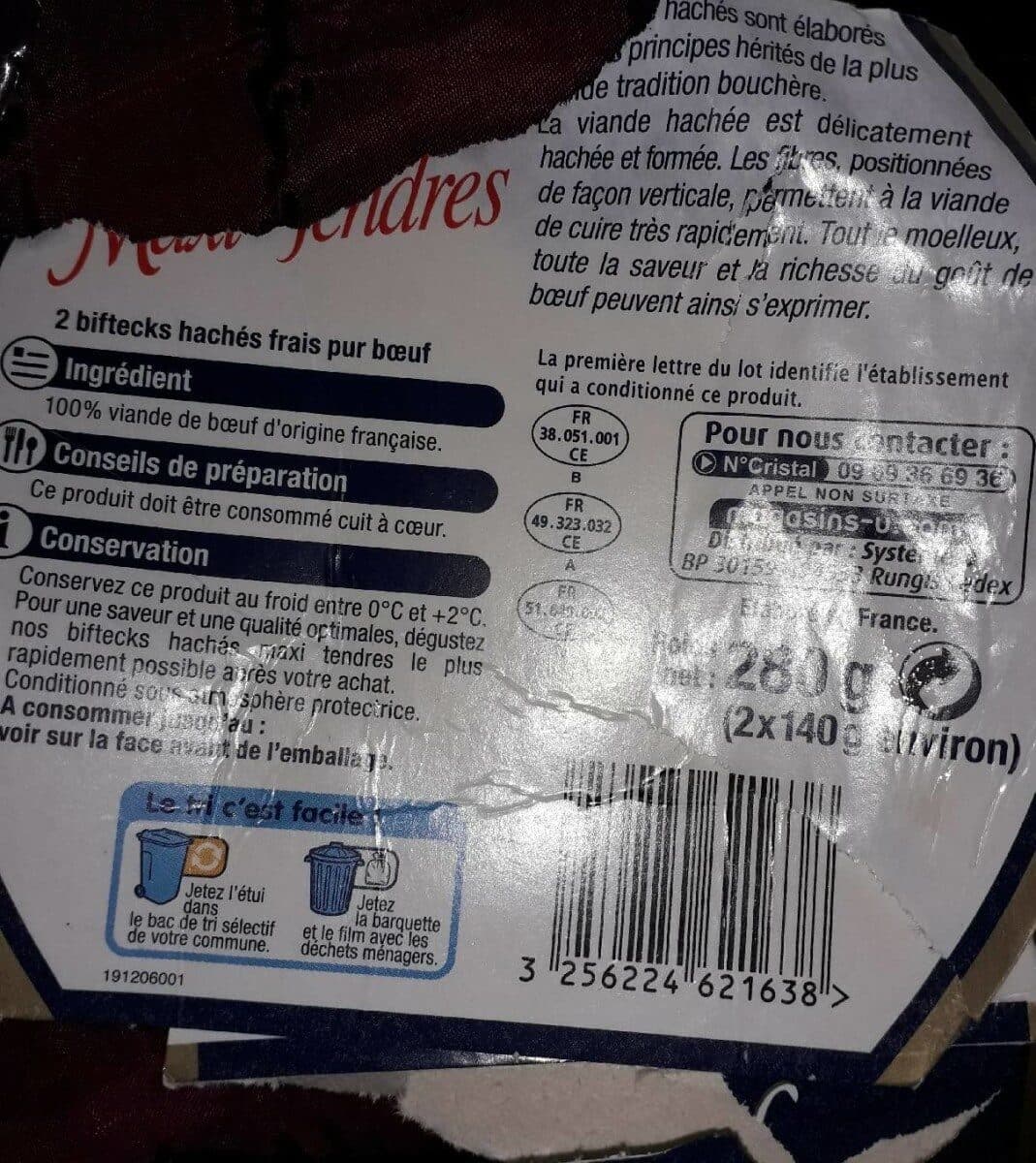 U Steak haché maxi tendre, 12% Matière Grasse, VBF, 2 pièces -280g packshot