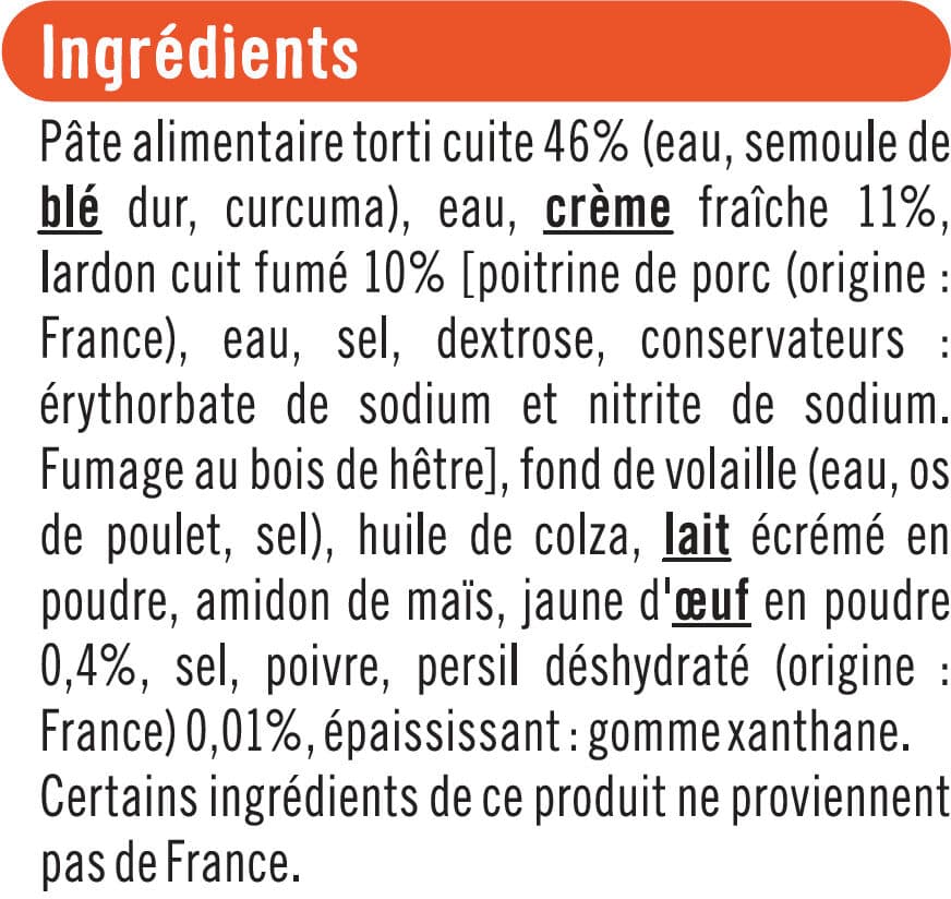 U Tortis à la carbonnara aux lardons fumés packshot