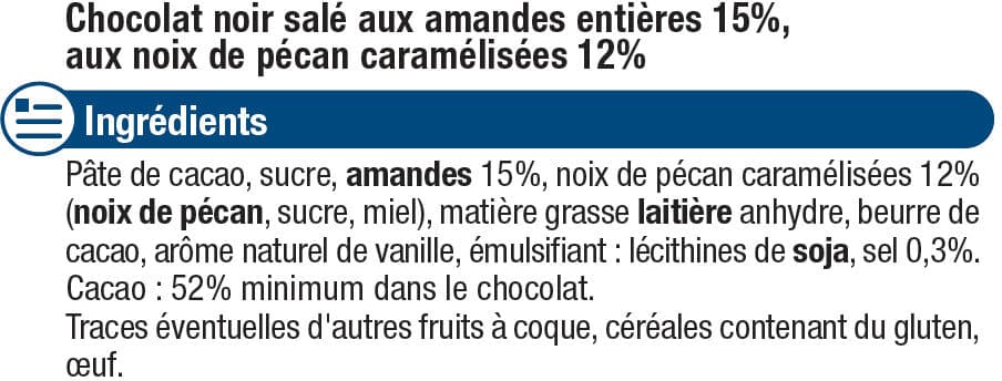U Tablette de chocolat noir amandes entières et noix de pécan caramélisées packshot