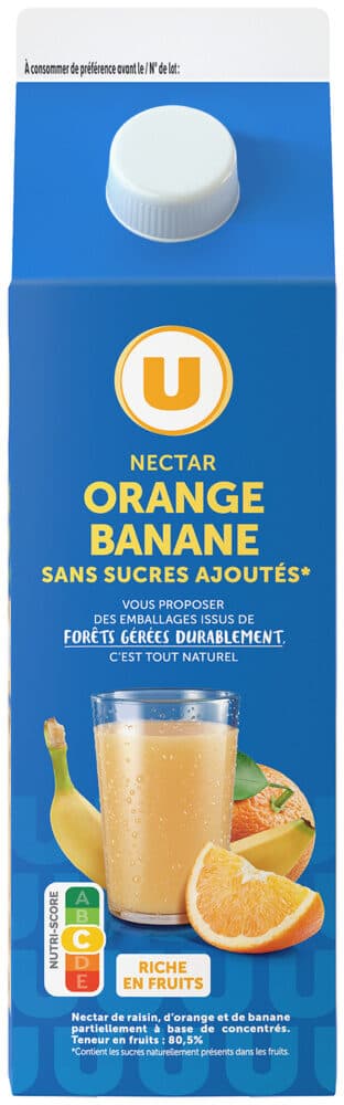 U Nectar orange/banane sans sucres ajoutés brique 2L packshot