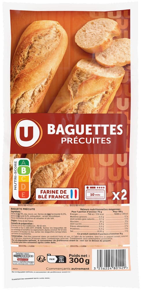 U Baguettes précuites longue conservation 2x150g packshot