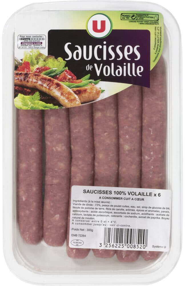 U Saucisse de volaille nature, 6 pièces, 300g packshot