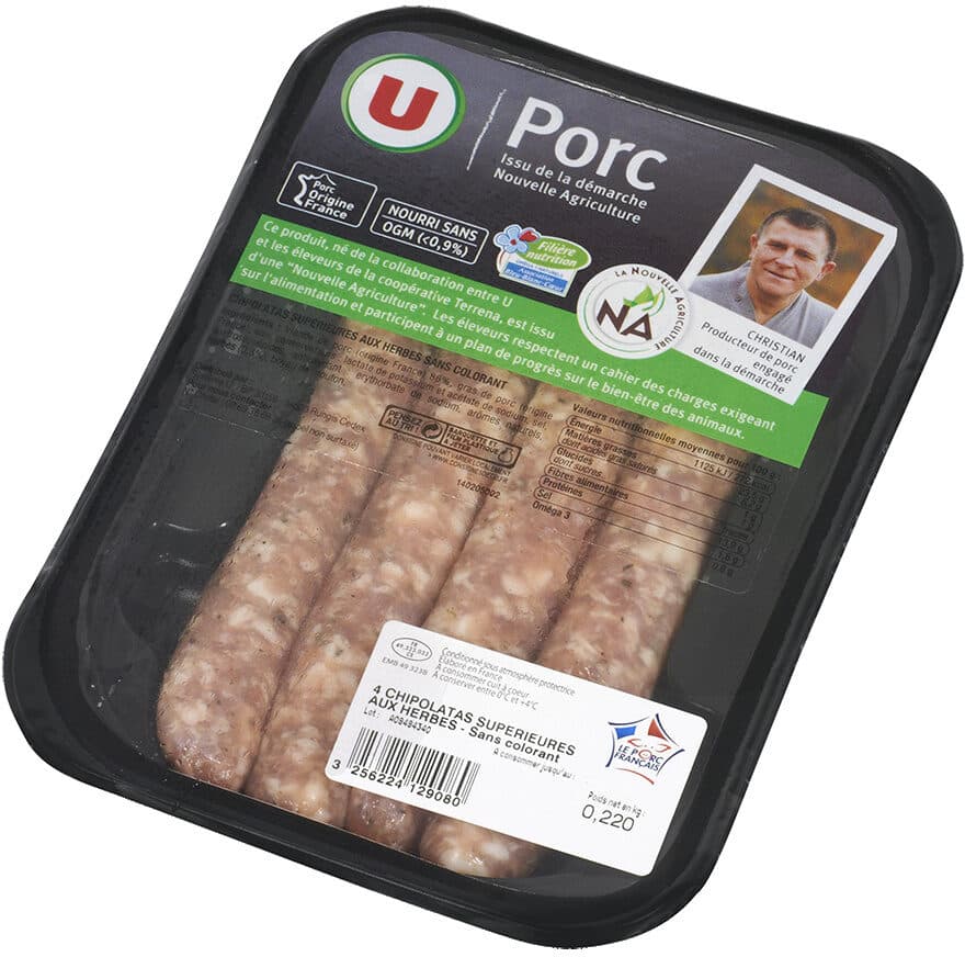 U Chipolata herbe supérieure gros grain France, 4 pièces, barquette de220g packshot