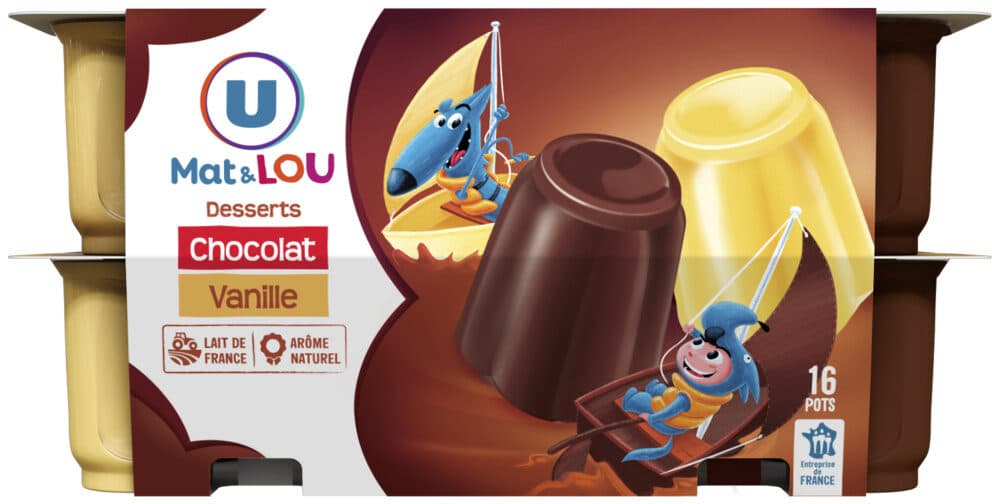 U Dessert lacté gélifié au chocolat ou à la vanille panachés 16X100g packshot