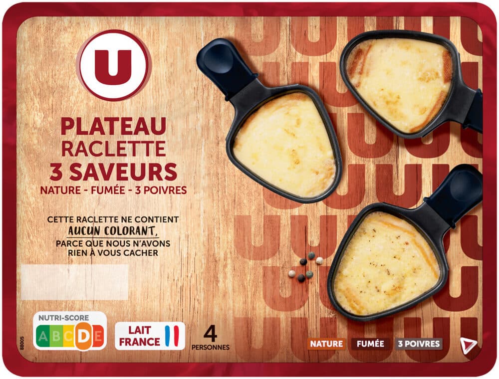 U Plateau de raclettes 3 saveurs, nature, 3 poivres et fumée 27% mg - 700g packshot