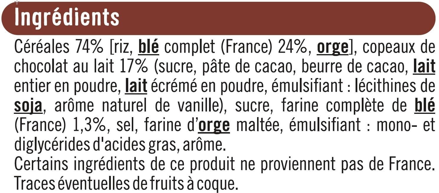 U Céréales Pétales de riz et blé complet avec copeaux de chocolat au lait 550g packshot