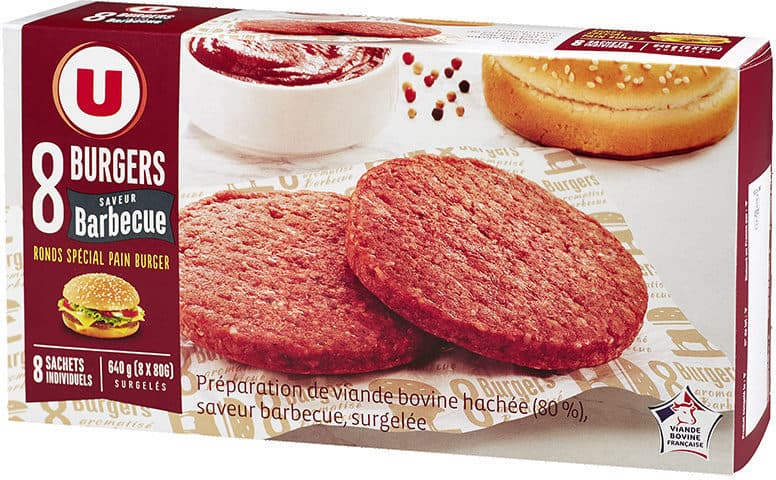 U Burgers ronds saveur barbecue 80% Viande de Boeuf Française 20% dematière grasse packshot