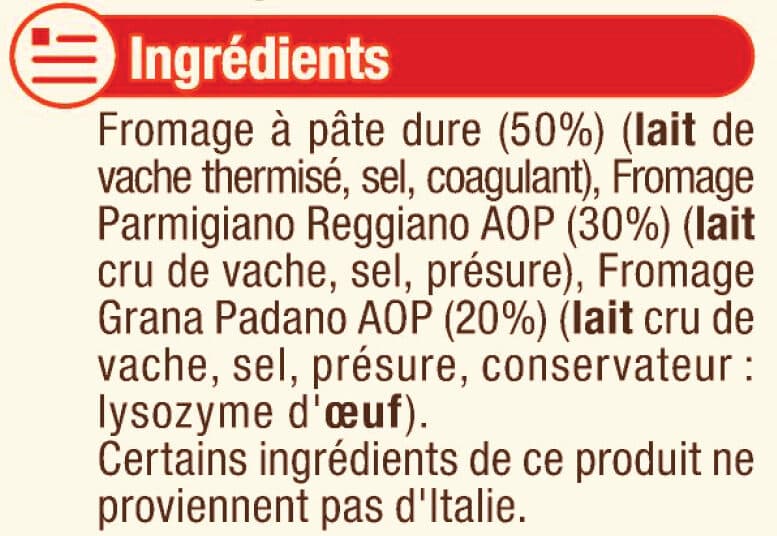 U Mélange de fromages à pâte dure râpés, formaggio grattugiato au lait cru et thermisé 29% de mg packshot