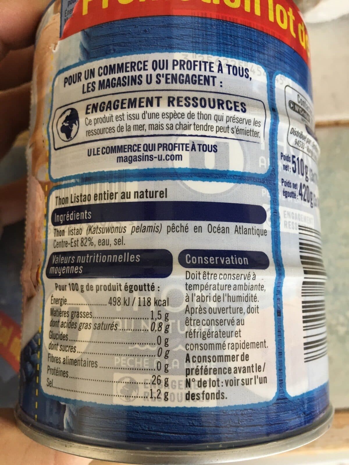U Thon listao au naturel pêché canne 3 bôites de 1/5, 420g packshot