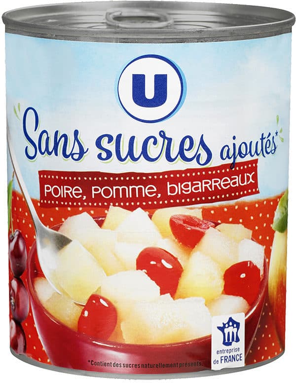U Mélange de fruits sans sucres ajoutés de poires, pommes, bigarreaux aujus de raisin à base de concentré packshot