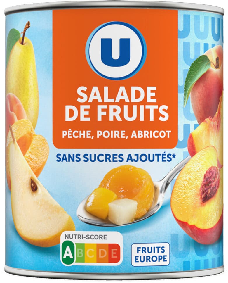 U Mélange fruits sans sucre ajoutés de pêches, poires, abricots au jus de raison à base de concentré 475g packshot