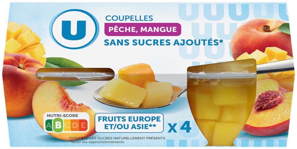 U Coupelles pêche et mangue sans sucre ajoutés x4, 260g packshot