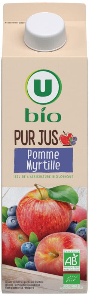 U Pur jus 100% pomme et myrtille issu de l'agriculture biologique packshot