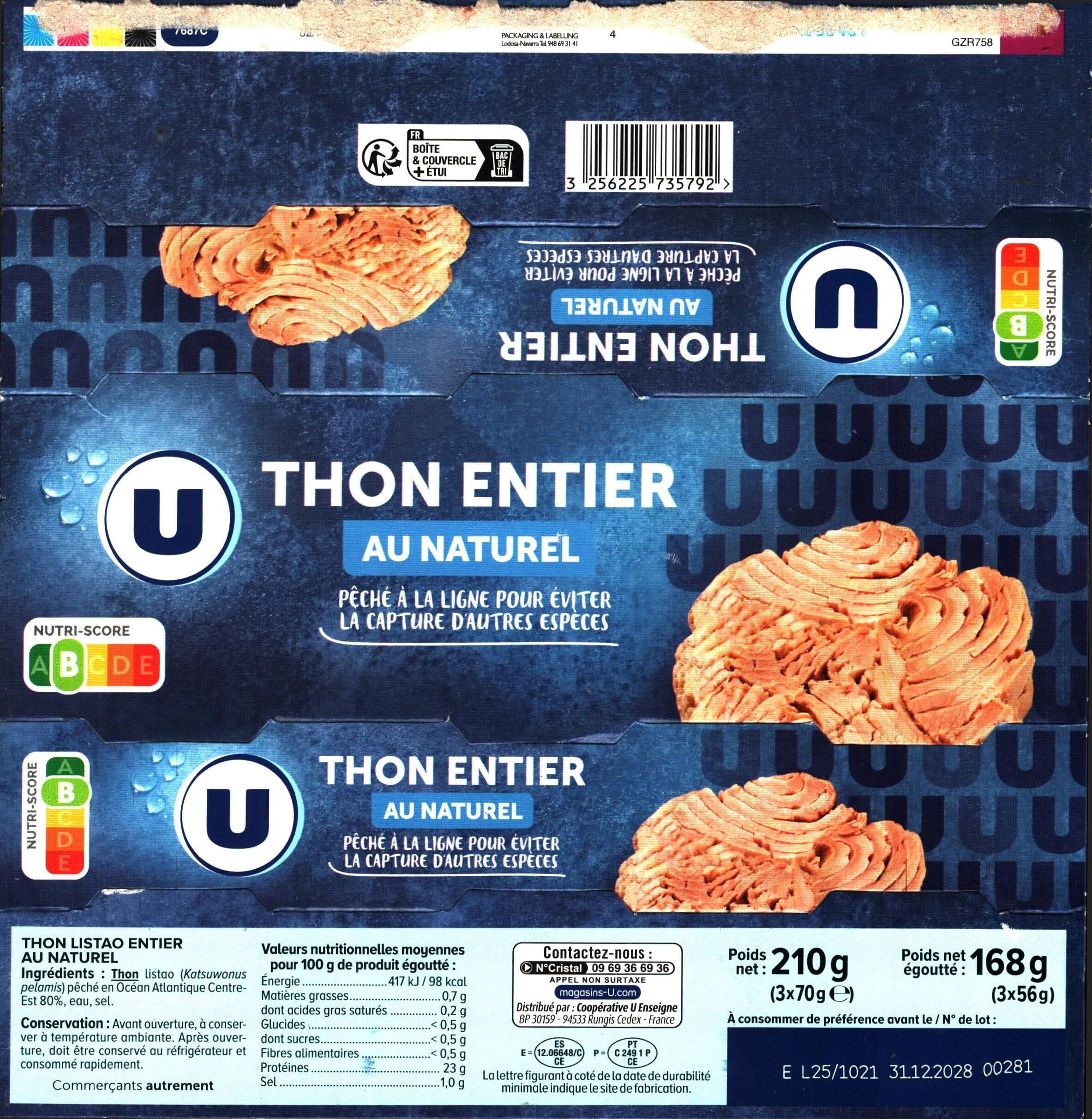 U Thon naturel pêché à la ligne 3 boîtes de 1/10 - 168g packshot