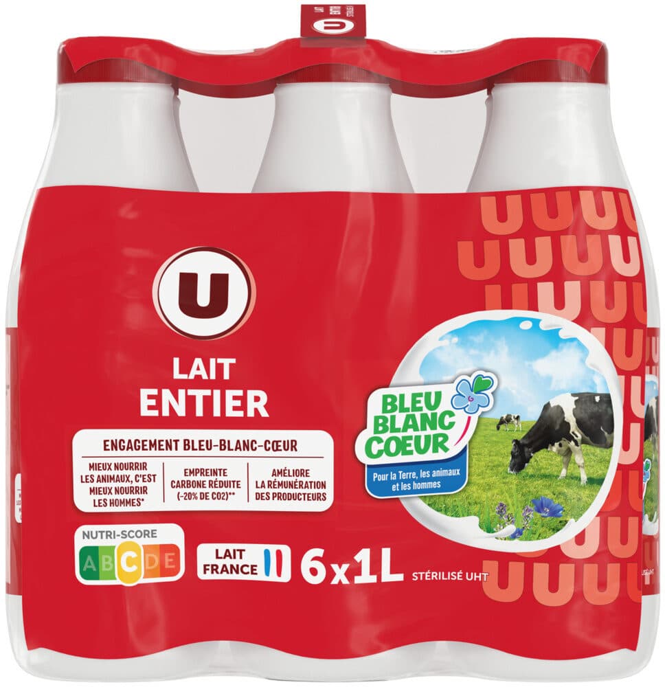 U Lait UHT entier Bleu Blanc Coeur - 6 bouteilles de 1L packshot