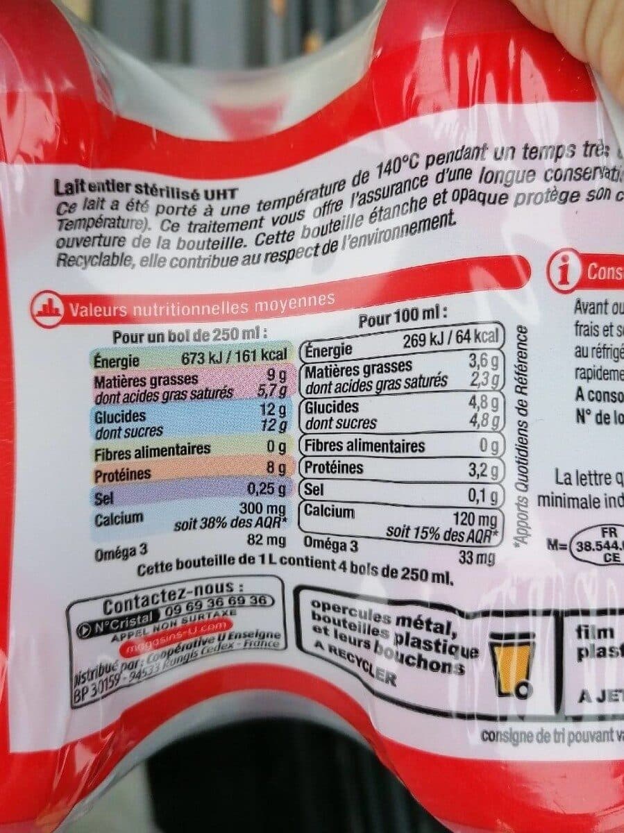 U Lait UHT entier Bleu Blanc Coeur - 6 bouteilles de 1L packshot