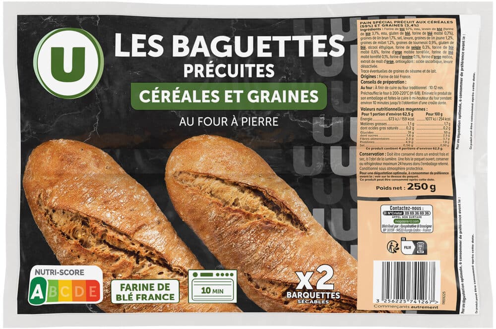 U Demi-baguette aux céréales et graines précuite sur four à pierre 2x125g packshot