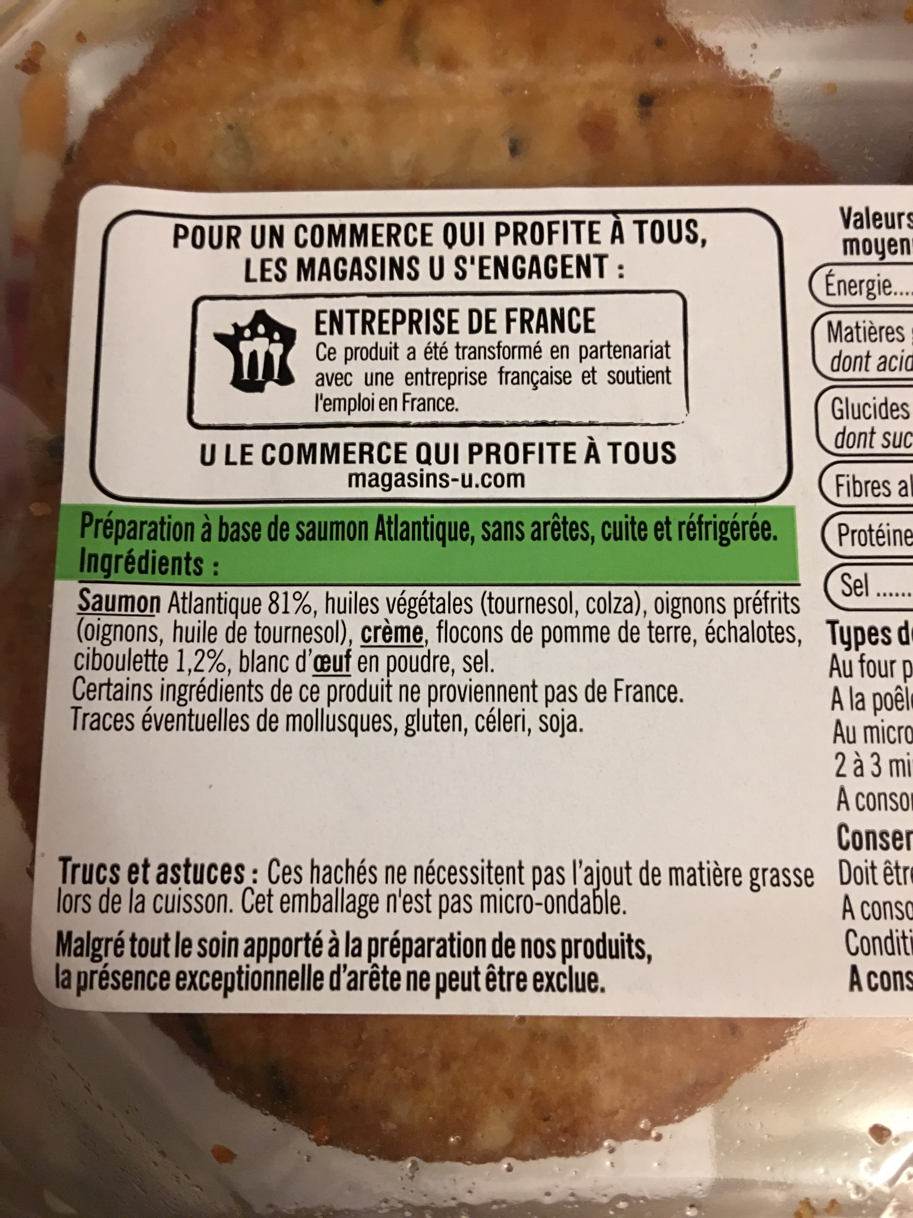 U Haché au saumon à la ciboulette, transformé en France, barquette de 200g packshot
