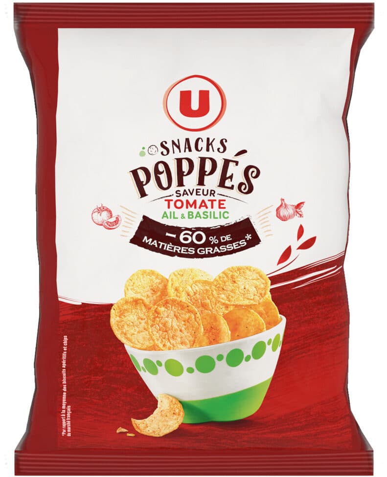 U Snacks poppes saveur tomate ail basilic sachet de 85g packshot