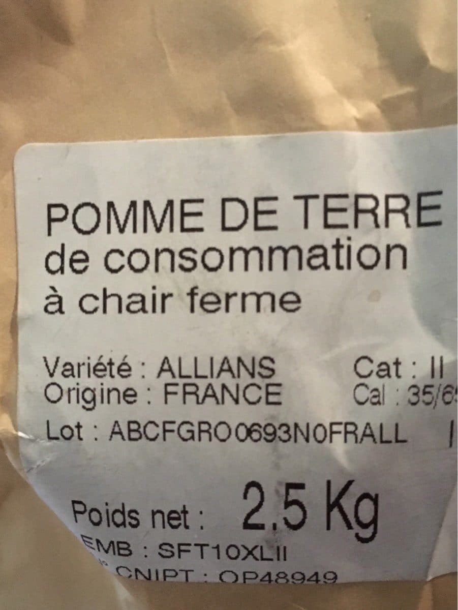 U Pomme de terre Allians, de consommation à chair ferme, calibre35/55mm, cat.2, sachet 2,5kg packshot