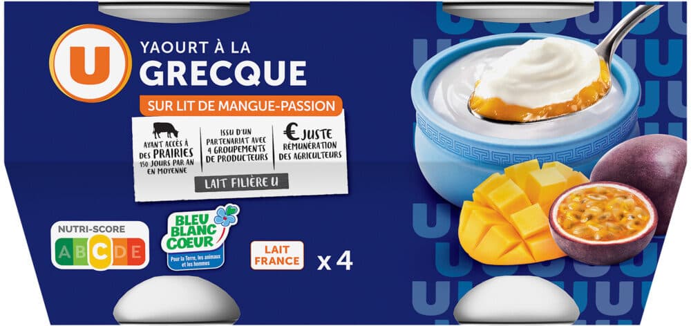 U Yaourt à la grecque sur lit de mangue et passion 4x150g packshot