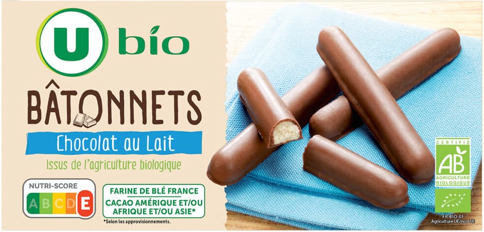 U Bâtonnets au chocolat au lait bio paquet de 125g packshot