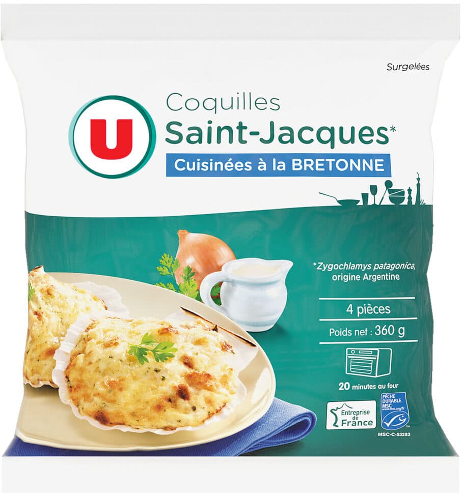 U Coquilles St Jacques MSC 30% noix cuisinées à la bretonne x4 - 360g packshot