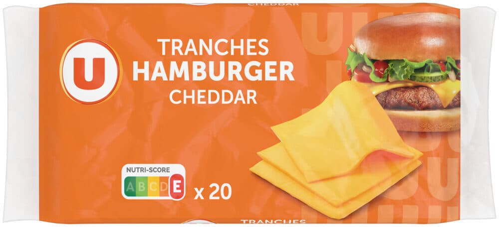 U Tranches de fromage fondu au cheddar pour hamburger 19% de MG, x20 -340g packshot