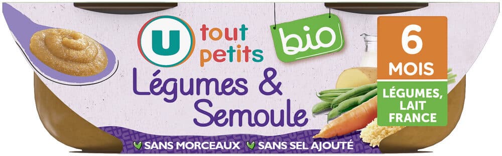 U Plat bébé du soir Légumes & semoule, de 6 à 12 mois- 2x200g - Repas bébé packshot